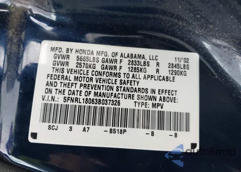 2003 Honda Odyssey Ex-L z USA, uszkodzony, nr VIN 5FNRL18063B037326